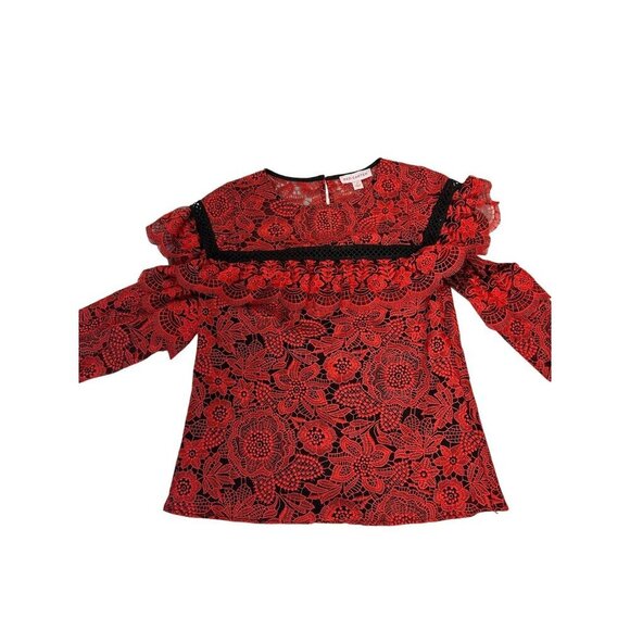 RED CARTER Sheffield Red Lace Top In Carmine Cold Shoulder Size XS - Picture 5 of 8